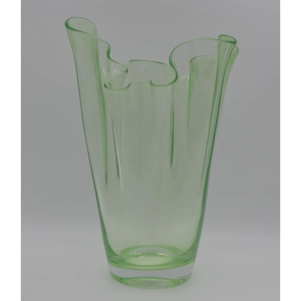 Mid-Century Italian Fazzoletto Green Murano Glass Vase